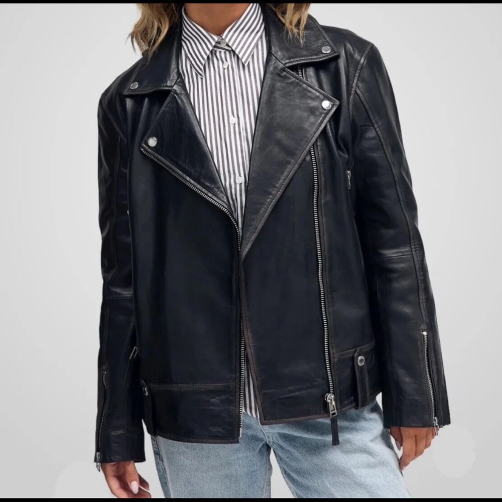 Classic Black Leather Moto Jacket - Women